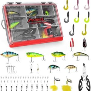 MadBite by KastKing Pro Fishing Lures Kit, 71/143pcs Fishing Gear kit with Waterproof Tackle Box & Pliers - Expert-Approved for Bass, Trout, Panfish, 8/13 Pre-Rigged Setups for Freshwater